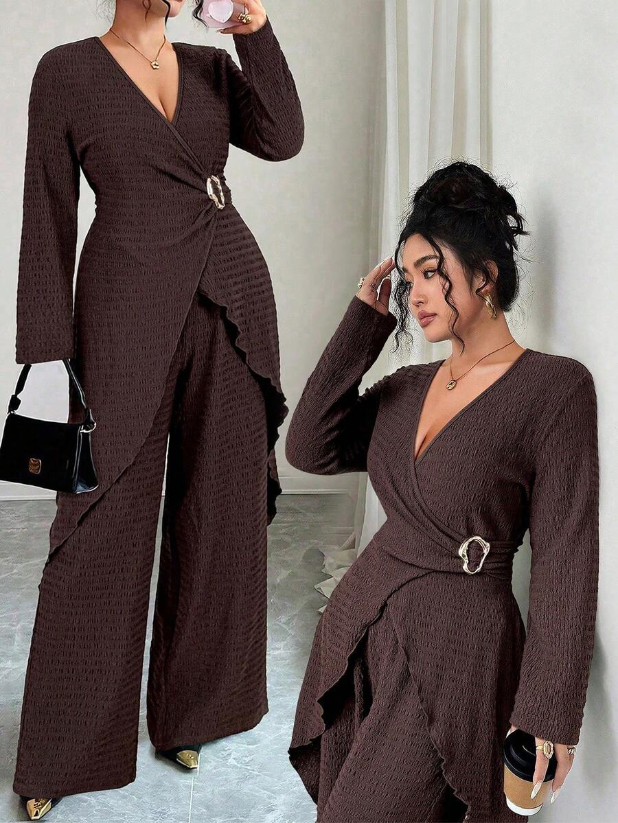 Elenzga Bộ đồ nữ cỡ lớn gồm áo tay dài và quần dài, kiểu dáng thanh lịch, trang trí kim loại, thích hợp cho mùa Thu/Đông. - màu nâu - Xem 1