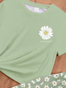 Bộ đồ mặc nhà phong cách Boho Daisy in họa tiết hoa cúc, kiểu dáng tối giản, gồm áo thun cổ tròn tay ngắn và quần ống rộng, thích hợp cho mùa hè. - Nhiều màu - Xem 4