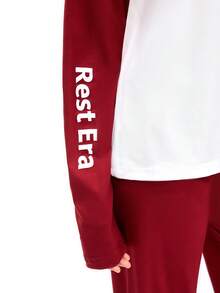 Women's Pajama Set, The Top Features Raglan Sleeves, The Main Body Is In White, The Shoulders And Sleeves Are In Burgundy, With "Rest Era" Printed In White On The Arms; The Bottom Is A Solid Burgundy Long Pant. The Overall Design Combines Contrasting Colors And Text Elements, With A Minimalist Style And A Branded Feel. - Burgundy - View 7