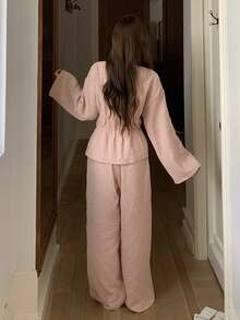 DAZY Sweet Polka Dot Allover Print Chiffon Fabric Lace Trim Women Pajama Set - Pink - View 2