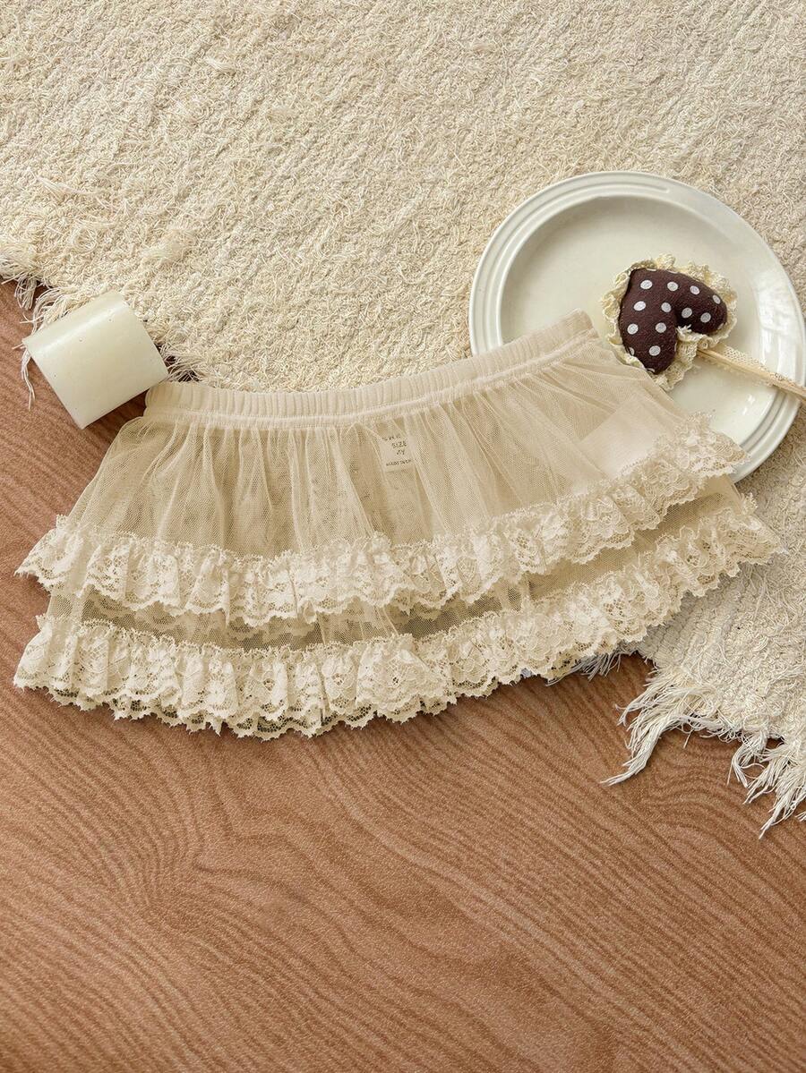 Dazy Kids Young Girl Summer Fashion Casual Vacation Daily Commute Contrast Lace Sheer Mesh A-Line Skirt - Beige - View 1