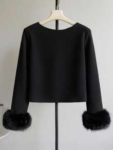 EMERY ROSE Plus Size Fuzzy Sleeve Round Neck Short Single-Breasted Wool Coat - Black - View 2