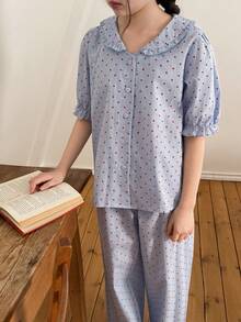 DAZY Conjunto de ropa de estar para niña preadolescente con cuello Peter Pan y manga corta - Azul - Ver 5