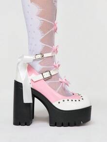 ROMWE Kawaii Giày cao gót đế dày, quai cài ngọc trai, ren thắt nơ gợi cảm dành cho nữ, giày Mary Jane cao gót thời trang xuân/thu, thích hợp cho tiệc tùng, đi chơi, hẹn hò, phong cách Y2K. - Hồng - Xem 4