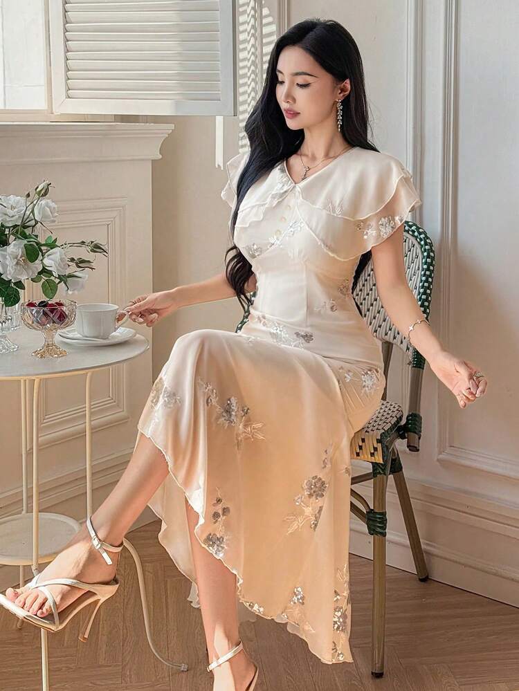 Women's Elegant Sequin Floral Ruffle Collar Dress, Summer Wedding Guest Dress Sundress