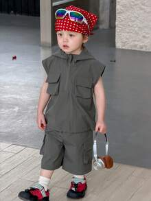 Dazy Kids Bộ áo sơ mi không tay có mũ kiểu Hàn Quốc cho bé trai - Xám - Xem 7