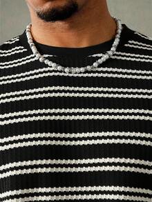 PAVTROS 男士条纹印花圆领短袖休闲宽松T恤，夏季 - 黑與白 - 查看 5