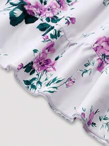 Ceyna Plus Size Women's White Floral Print Ruffle Hem Spaghetti Strap Adjustable Bust A-Line Maxi Dress,Summer Boho Holiday Tea Party Elegant Smocked Gown - Purple - View 7