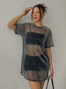 SHEIN EZwear 女士透视网纱迷你连衣裙，夏季网纱连衣裙，女士网纱衬衫，女士长款T恤，女士透视衬衫两件套，女士短袖透视上衣，女士短款套装，女士短款套装，透视两件套网纱服装 - 黑色 - 查看 5