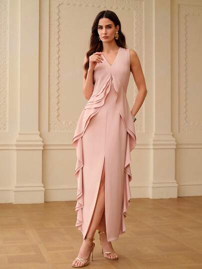 ZEYLAH Vestido ajustado con cuello en V y volantes en el bajo, primavera/verano