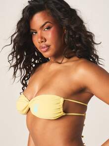 Missguided x Playboy Twisted Front Bandeau Bikini Set With Blue Bunny Logo Print Summer Beach Two Piece Swimwear Set Strapless Padded Top - Yellow - View 5