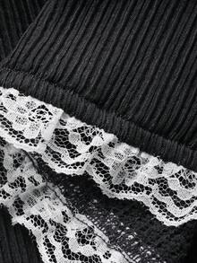 FRIFUL Women's Lace Trim Drawstring Waist Flare Leg Pants - Black - View 3