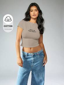 MISSGUIDED Bridal Wife Of The Party Cotton Slogan Short Sleeve Fitted Crop Top Crew Neck Tee - Grey - View 1