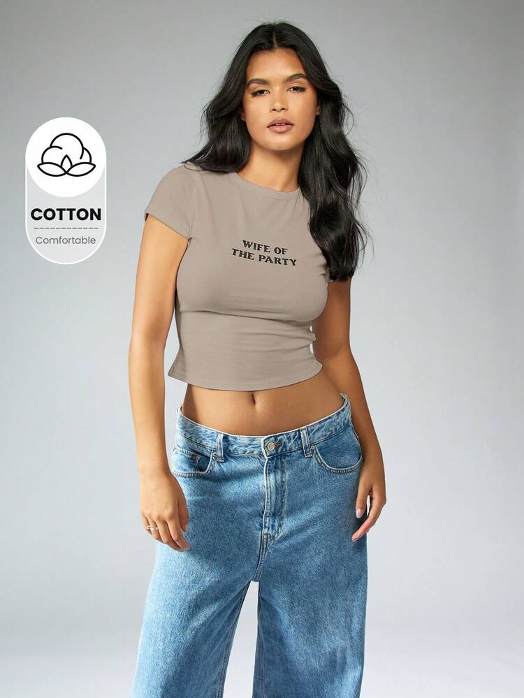 MISSGUIDED 신부 파티의 아내 코튼 슬로건 반팔 피티드 크롭 탑 크루넥 티