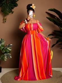 Vestido de talla grande sexy con hombros descubiertos y cintura ceñida, con un ajuste favorecedor, adecuado para Halloween, primavera/verano - Rosa Fucsia - Ver 4