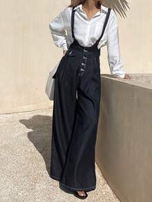 DAZY 女士束腰优雅宽松直筒牛仔背带裤和连体裤 - 深色水洗藍 - 查看 6