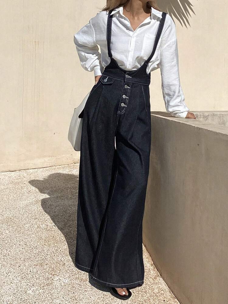 DAZY 女士束腰优雅宽松直筒牛仔背带裤和连体裤 - 深色水洗藍 - 查看 6