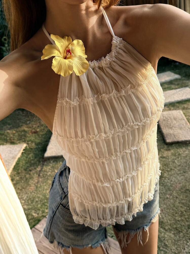 Women's Textured Fabric Halter Tie Backless Elegant Sexy Casual Tank Top