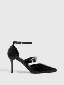 CUCCOO SZL Women's Black Patent Leather Pointed Toe Stiletto Heel Rhinestone Buckle Double Strap Sexy Date Night Fashion High Heels - Black - View 6