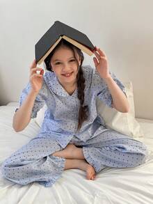 DAZY Conjunto de ropa de estar para niña preadolescente con cuello Peter Pan y manga corta - Azul - Ver 9