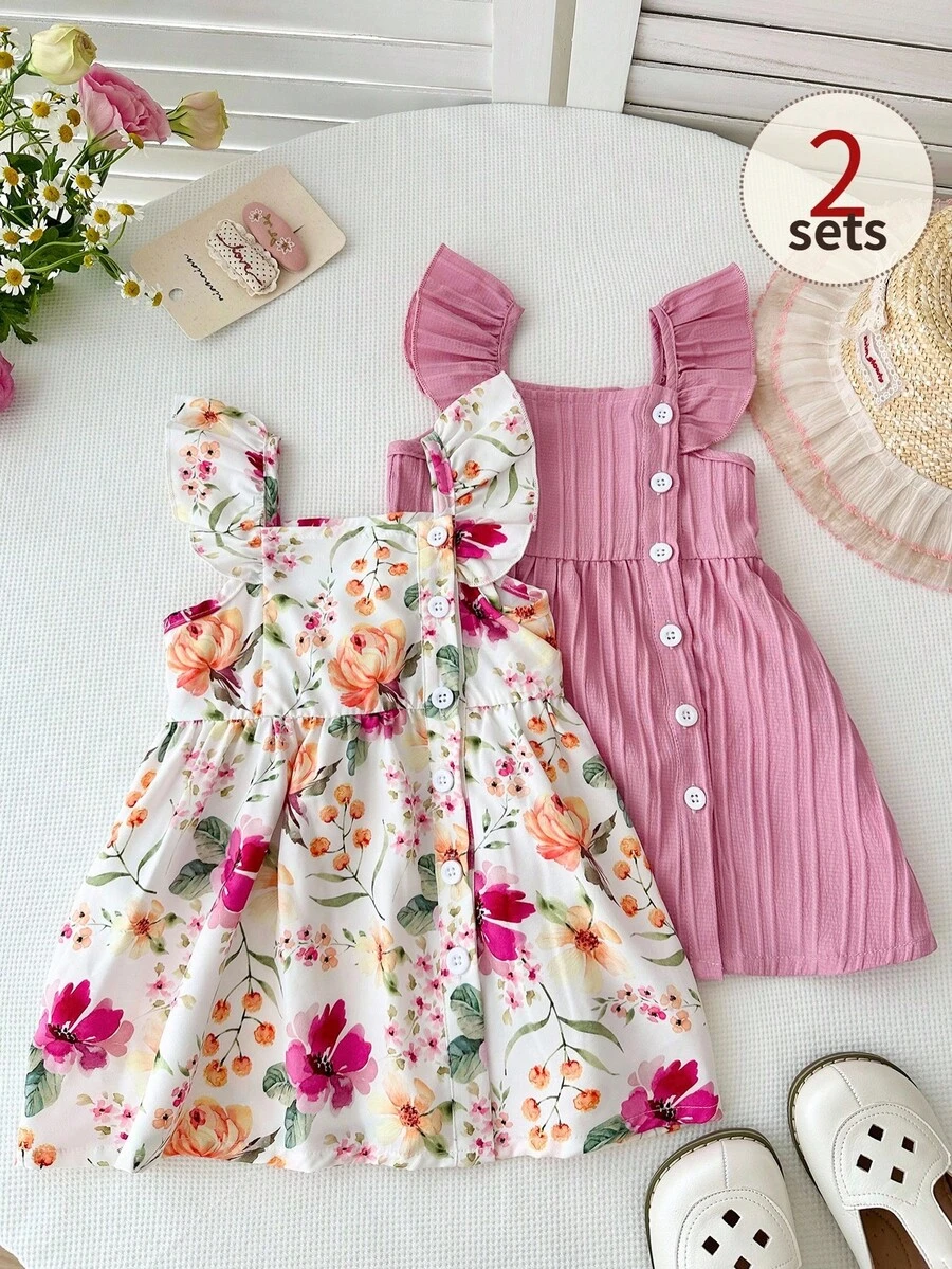Playful Pals 2pcs/Set Baby GirlPlaid & Floral Print Ruffle Sleeve Button Front Dress, Cute For Summer Vacation - Pink - View 1