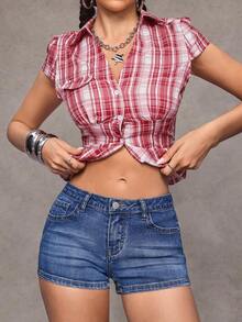 Jeanoix Women's Fashion Casual Y2K Embroidered Skinny Denim Shorts - Dark Wash - View 1