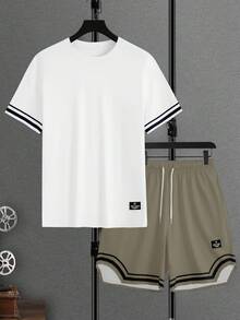 Manfinity Homme 男士休闲条纹拼接短袖T恤短裤套装，夏季 - 彩色 - 查看 7