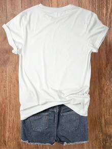 INAWLY 女士粉色猫咪印花休闲圆领 T 恤图案 T 恤女式上衣 - 白色 - 查看 2