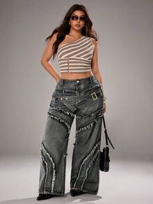Jeanoix Plus Size Fashion Fringe & Belt Decor Denim Jeans, Suitable For Everyday Wear - Grey - View 8