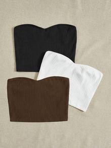 SHEIN EZwear 3件套女士休闲针织吊带背心，夏季抹胸罗纹上衣可爱抹胸套装针织上衣罗纹上衣女士罗纹抹胸，夏季上衣女士夏季服装针织上衣 - 彩色 - 查看 5