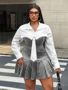 Maweii Women's Striped Pleated Skirt Set,White Autumn Casual Everyday Back-To-School 2 Piece Sets,Elegant Plus Size Shirt And Skirt Set,Commuter Daily Wear - Grey - View 2