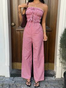 Sunnyshic 红色格子露背系带直筒阔腿连体裤，适合春夏穿着，时尚百搭，通勤、海滩、度假皆宜，风格优雅可爱，简约百搭，适合日常、购物、约会等场合。 - 紅色 - 查看 5