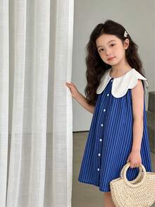 少女优雅可爱时尚彼得潘领条纹无袖学院风连衣裙，夏季 - 藍色 - 查看 9