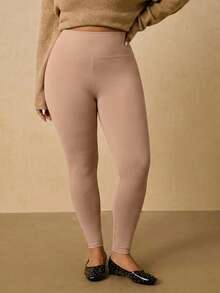 Freevana 大码女式自发热柔软保暖面料休闲打底裤，适合秋冬季穿着 - 駝色 - 查看 3