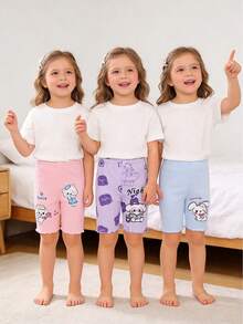 Set de 3 mallas capri para niñas, en colores morado, rosa y azul, con estampado de conejo de dibujos animados, de tela acanalada, cintura elástica, dobladillo con volantes, casual, cómodo, elástico, para verano - Multicolor - Ver 1