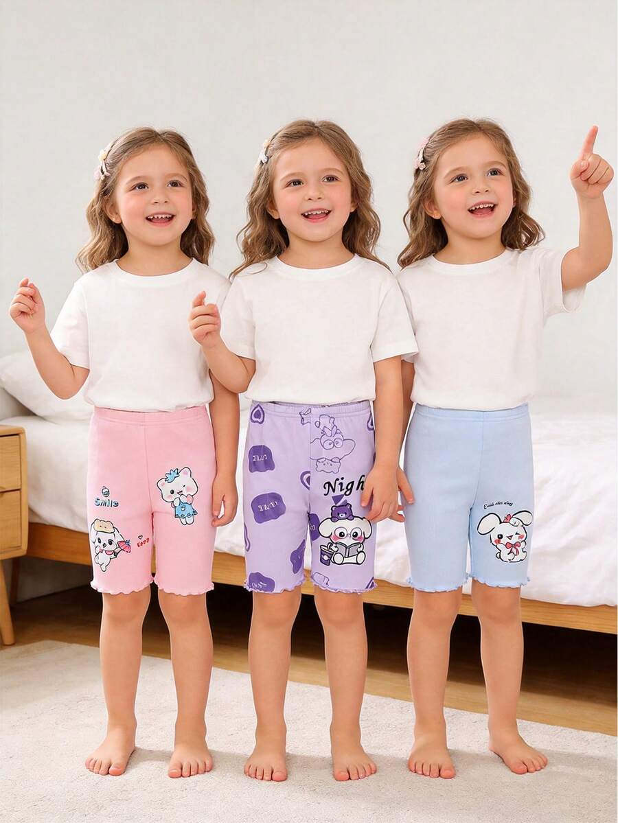 Set de 3 mallas capri para niñas, en colores morado, rosa y azul, con estampado de conejo de dibujos animados, de tela acanalada, cintura elástica, dobladillo con volantes, casual, cómodo, elástico, para verano - Multicolor - Ver 1