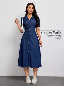 SHEIN Tall Women's Collared Single-Breasted Waist-Cinched Elegant Denim Dress For Dates And Outings - Dark Wash - View 5