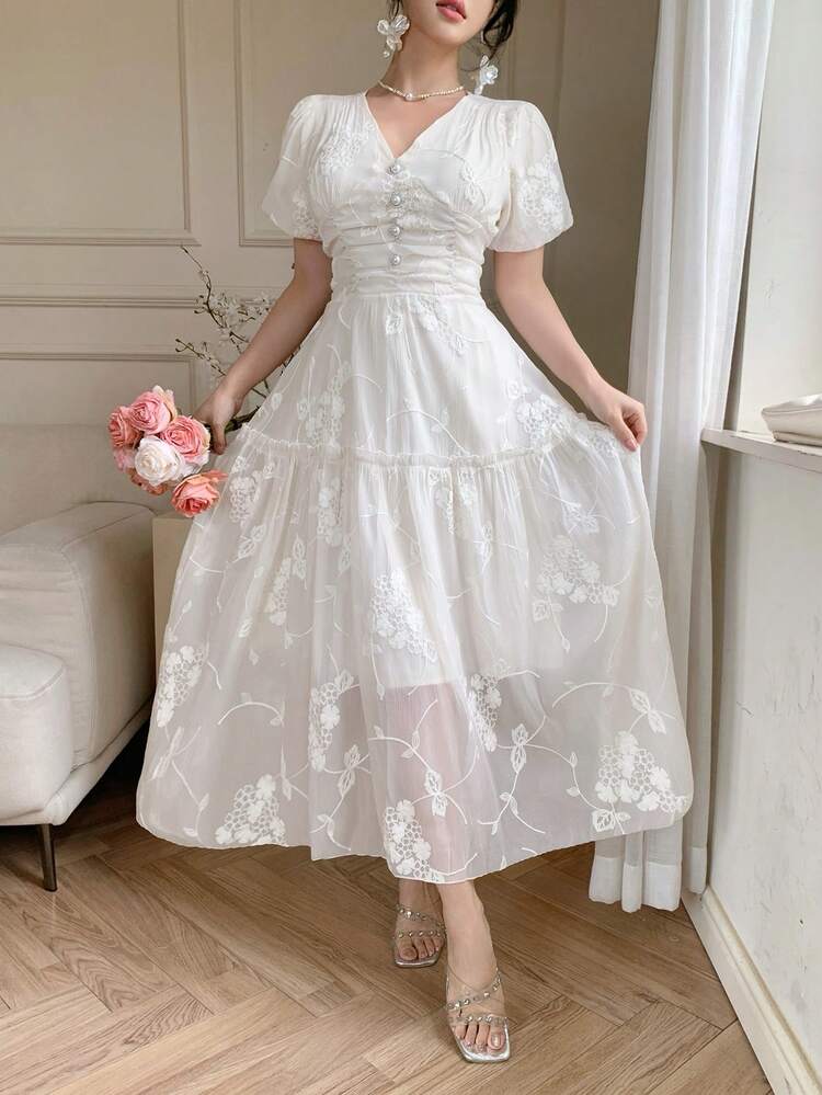 Women's V-Neck Short Sleeve Lace Fabric Waist Cinched Long Vacation Dress Maxi Dress Sundress