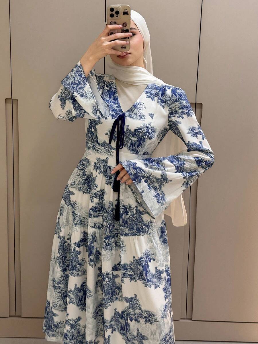 DAZY 女士优雅碎花系腰流苏喇叭袖中长连衣裙，春夏款，婚礼宾客礼服，女士连衣裙，波西米亚风吊带裙 - 藍色 - 查看 1