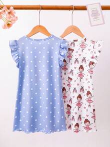 2pcs/Set Toddler Girls' Cap Sleeve Dress With Cute Ballet Dancer & Heart Print, Casual Ruffle Sleeve Long Nightgown, Spring/Summer Home Outfit - Blue - View 2