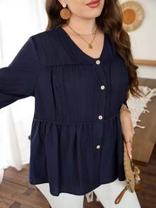 Lacomfia Plus Size Women's Fashion Long Sleeve Pleated Front Drawstring Long Sleeve Blouse - Navy Blue - View 5
