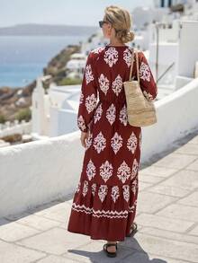 Breezaya Women's Elegant Vacation Dress, Burgundy Color With All-Over Floral Print, V-Neck, Long Sleeve, Waist Cinched, Flared Hem - Burgundy - View 3