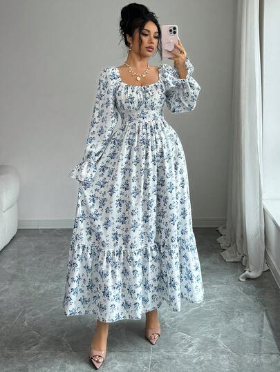Rafferiza Blue Ditsy Floral Square Neck Long Sleeve Flared Waist Slimming Back Pleated Long Dress For Women, Spring/Summer Blue And White Floral Dress Blue And White Dress Women Long Floral Dress Women Long Sleeve Summer Dresses