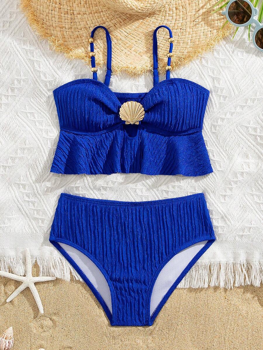 SHEIN 2pcs/Set Cute Solid Color Young Girls Swimwear, Suitable For Beach, Vacation - Navy Blue - View 1