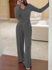 DAZY 2pcs Women Casual Knit Cardigan Top And Loose Pajama Pants Set, Comfortable Spring Loungewear - Dark Grey - View 5