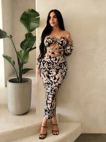 SHEIN SXY 波希米亞風性感度假海灘派對夜生活露肩花卉印花洋裝，秋季，海灘，優雅，女性性感黑色花卉洋裝 - 彩色 - 查看 5