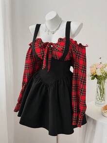 Sweetra Plaid Color Block Suspender Off Shoulder Off-Shoulder Long Sleeve Puff Sleeve Chest Tie Hem A-Line Plus Size Women Dress - Multicolor - View 3