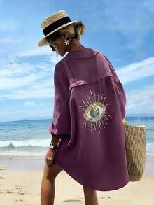 Vaclyn Women's Loose Fit Floral Print Front Button Long Midi Dress, Summer - Purple - View 4