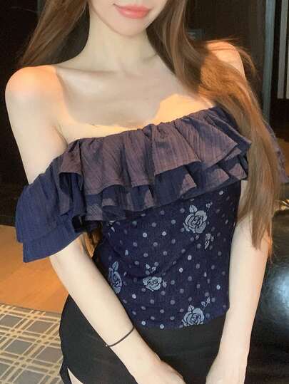 DAZY 牛仔碎花荷叶边不对称肩部短袖衬衫