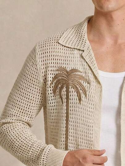 Manfinity CityGents Men's Vacation Casual Coconut Tree Embroidery Hollow Out Knit Cardigan